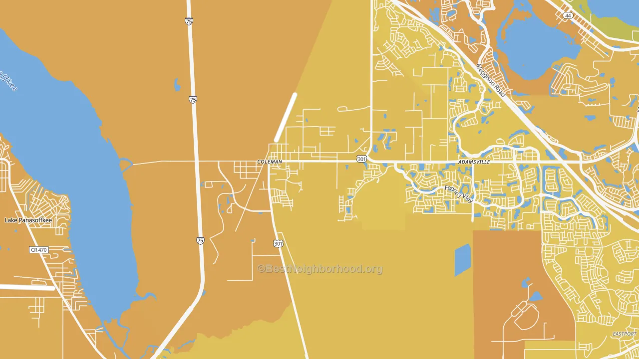 Map of the best neighborhoods in the Coleman area, with better matches in green and worse matches in red
