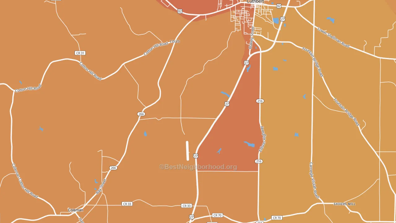 Map of the best neighborhoods in the Coleman area, with better matches in green and worse matches in red