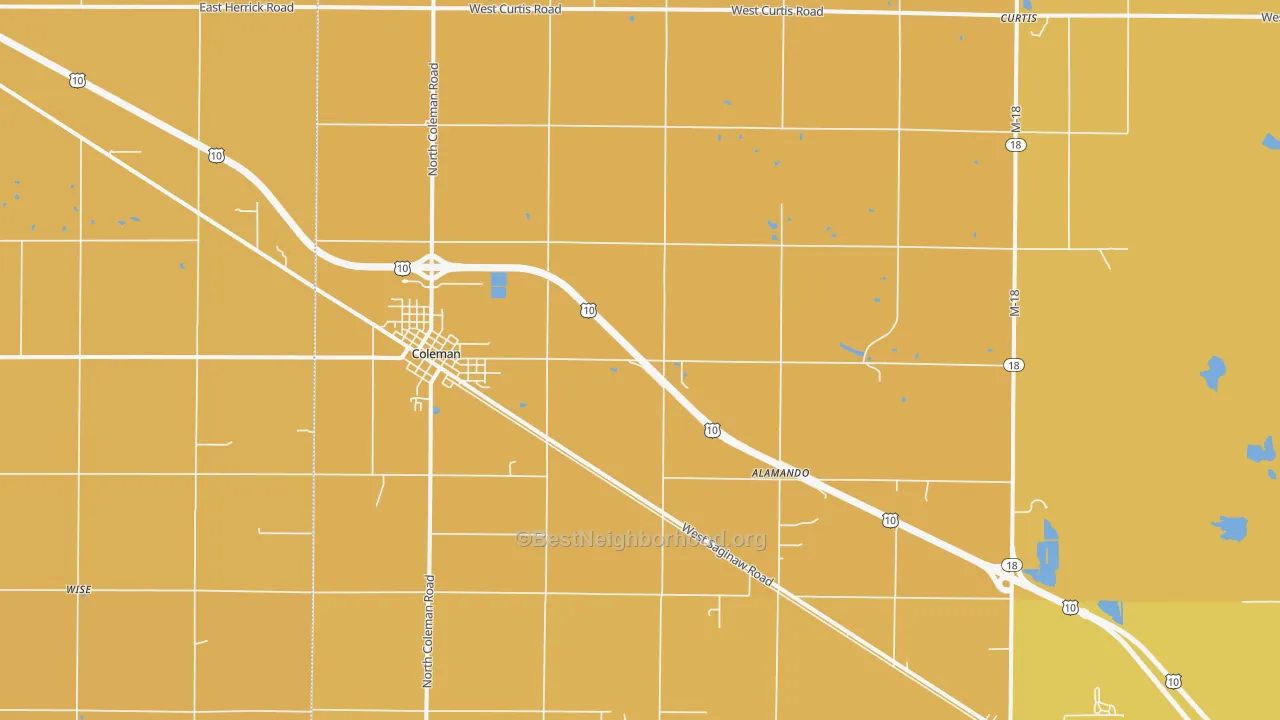 Map of the best neighborhoods in the Coleman area, with better matches in green and worse matches in red