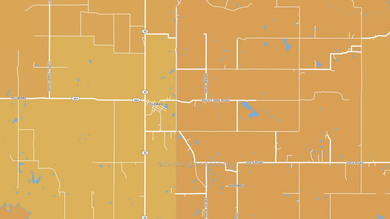 Map of the best neighborhoods in the Coleman area, with better matches in green and worse matches in red