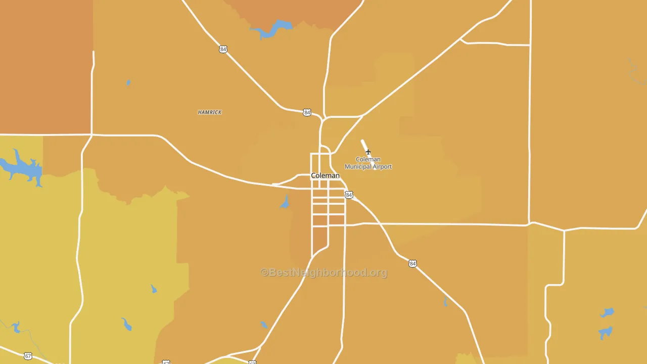 Map of the best neighborhoods in the Coleman area, with better matches in green and worse matches in red