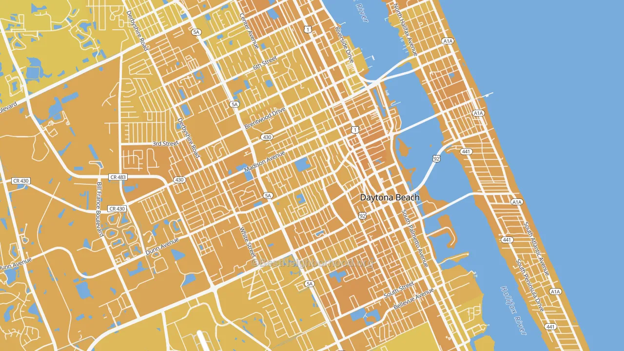 Map of the best neighborhoods in the Colemans Daytona, Daytona Beach area, with better matches in green and worse matches in red