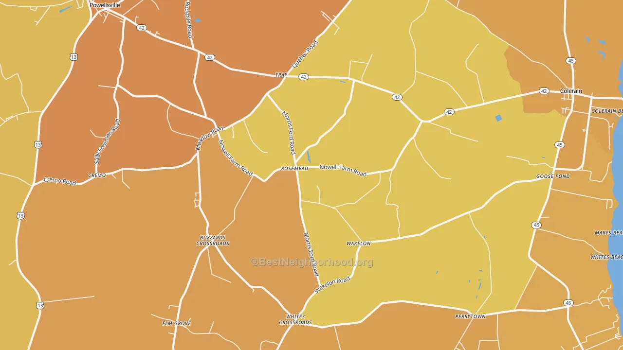 Map of the best neighborhoods in the Colerain area, with better matches in green and worse matches in red
