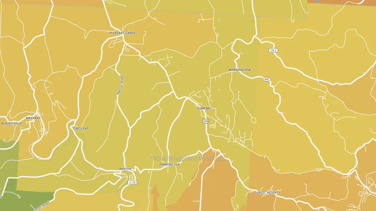 Map of the best neighborhoods in the Colerain area, with better matches in green and worse matches in red