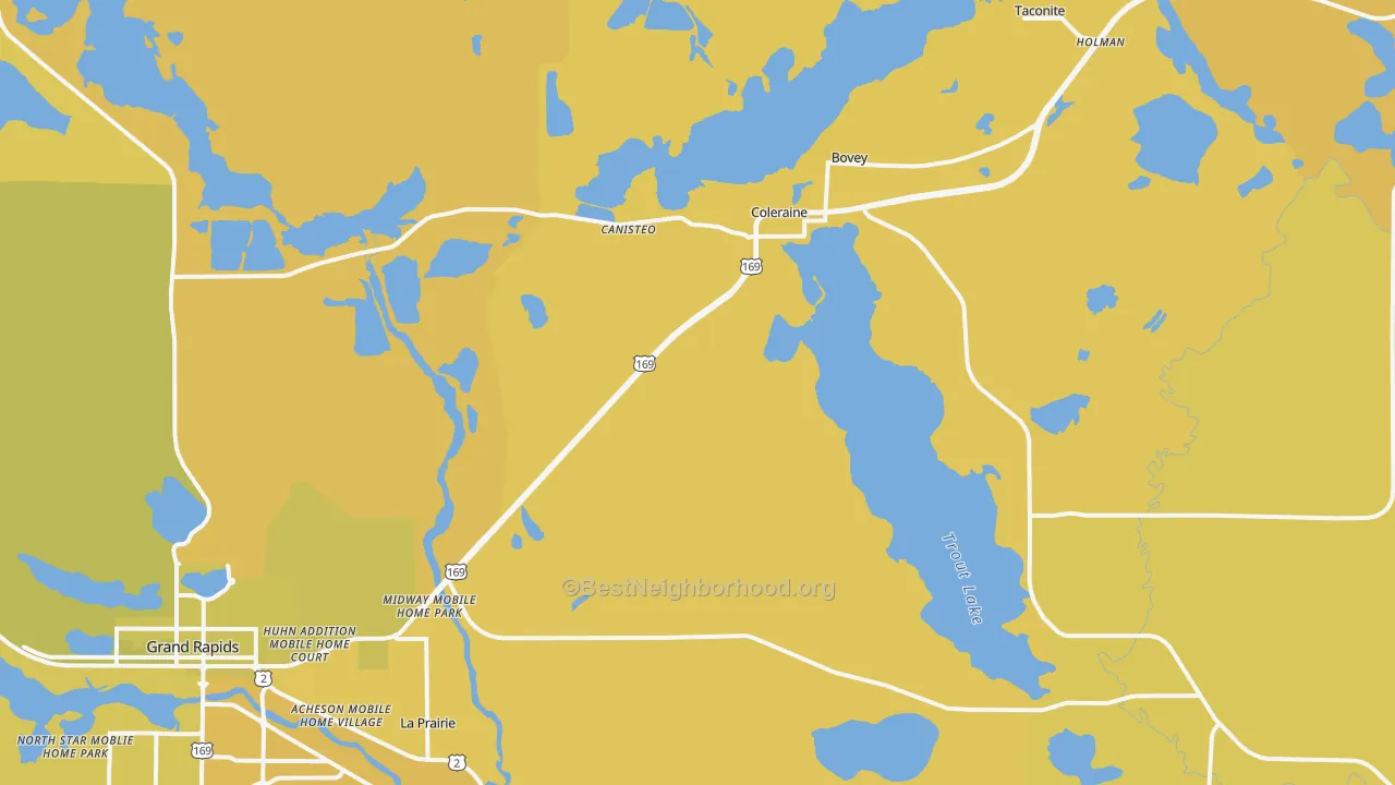 Map of the best neighborhoods in the Coleraine area, with better matches in green and worse matches in red