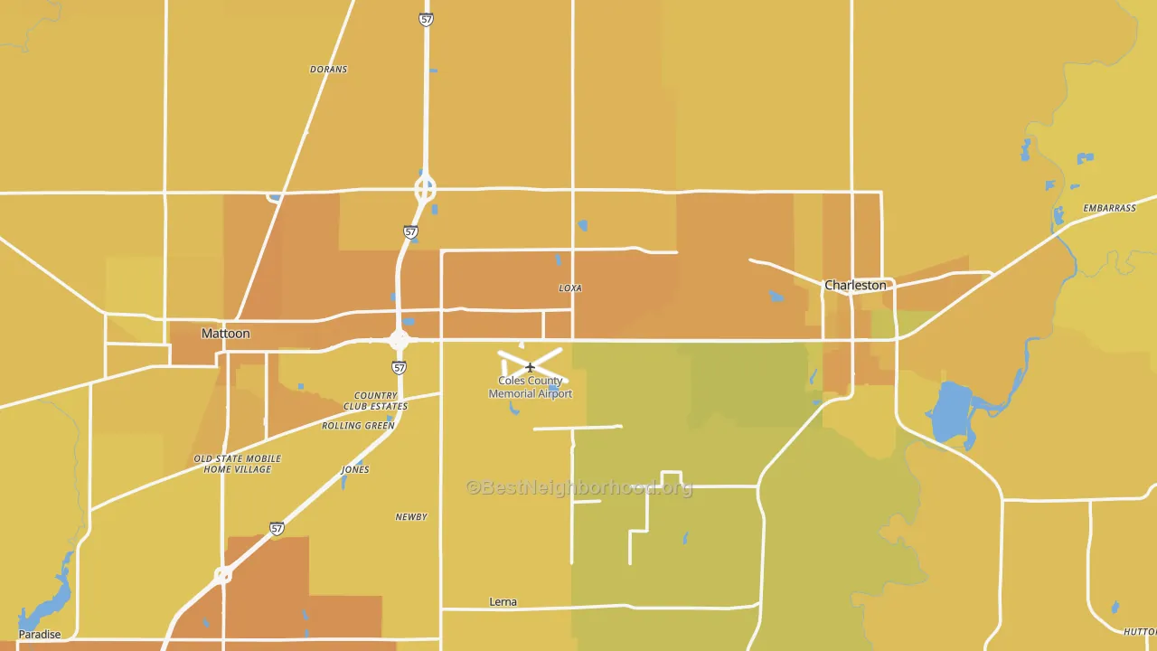 Map of the best neighborhoods in the Coles County area, with better matches in green and worse matches in red
