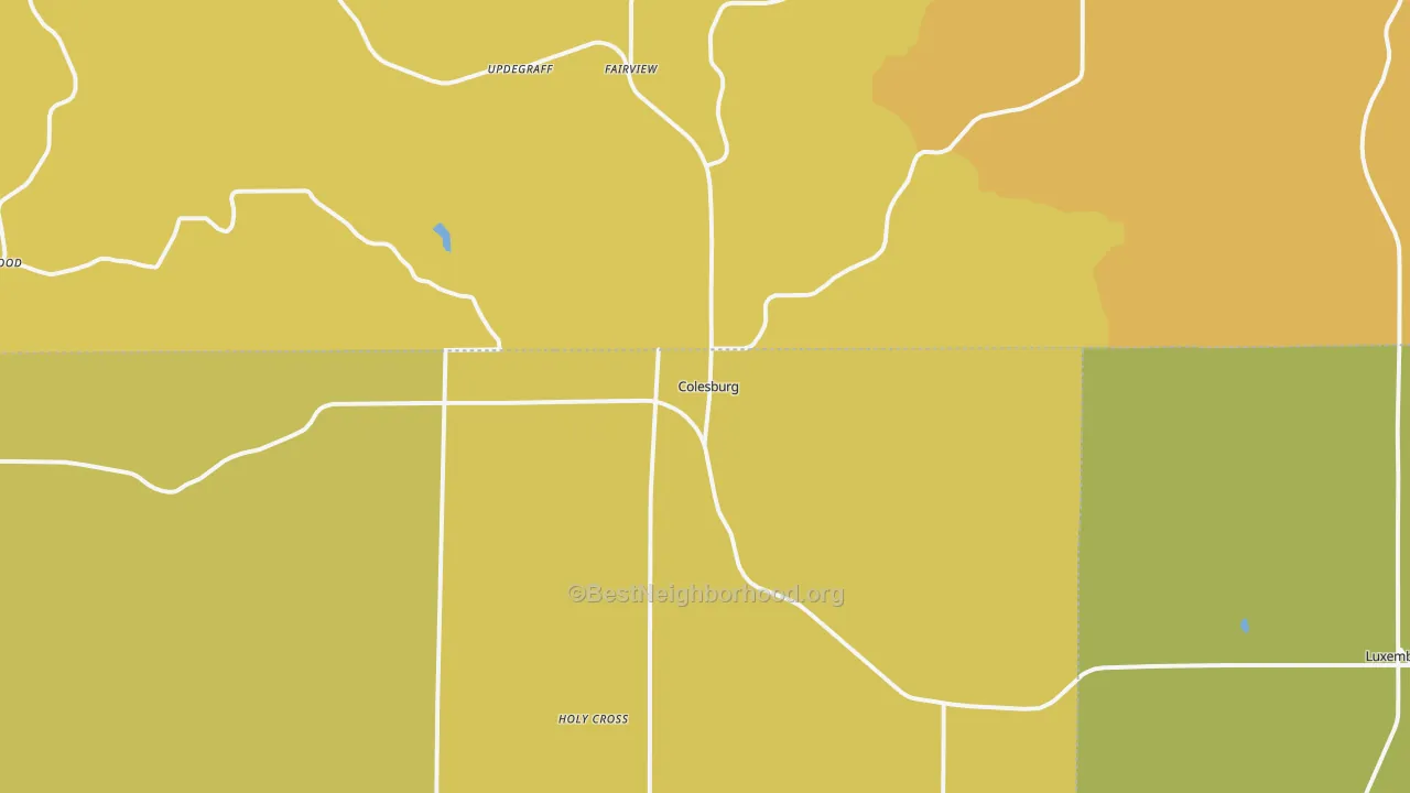 Map of the best neighborhoods in the Colesburg area, with better matches in green and worse matches in red