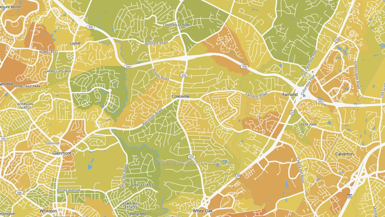 Map of the best neighborhoods in the Colesville area, with better matches in green and worse matches in red