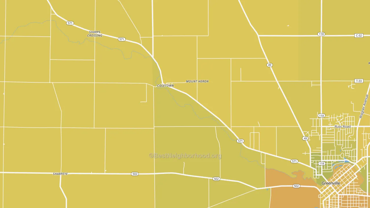 Map of the best neighborhoods in the Coletown area, with better matches in green and worse matches in red