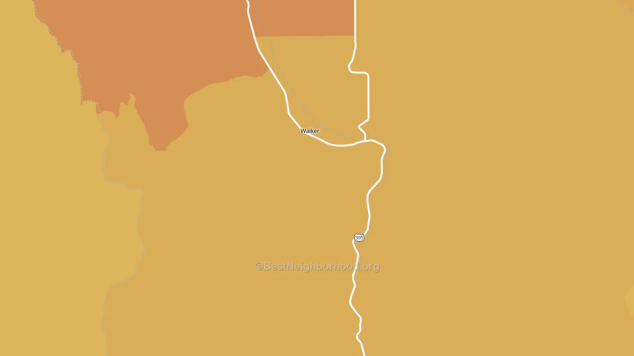 Map of the best neighborhoods in the Coleville area, with better matches in green and worse matches in red