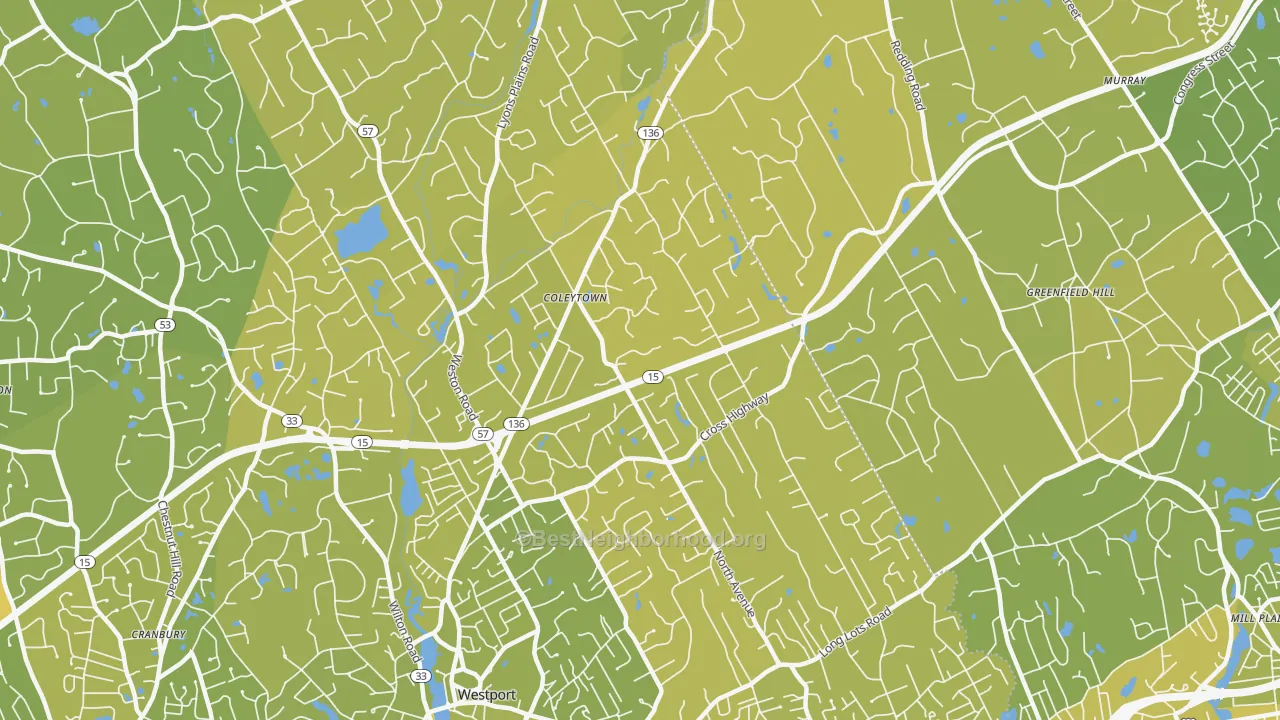 Map of the best neighborhoods in the Coleytown, Westport area, with better matches in green and worse matches in red