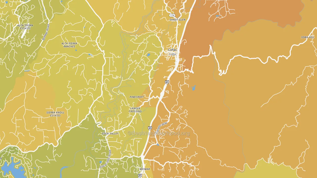 Map of the best neighborhoods in the Colfax area, with better matches in green and worse matches in red