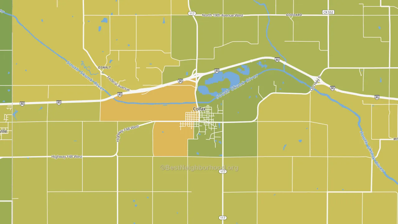 Map of the best neighborhoods in the Colfax area, with better matches in green and worse matches in red