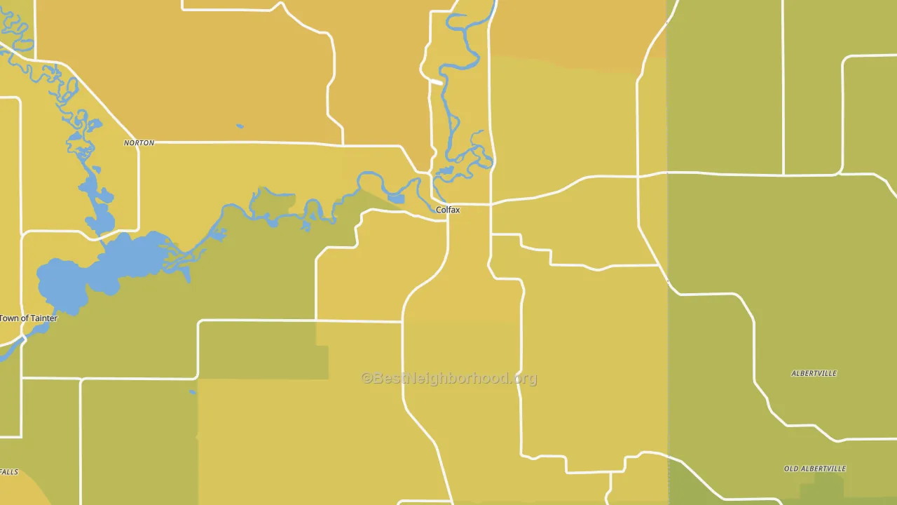 Map of the best neighborhoods in the Colfax area, with better matches in green and worse matches in red