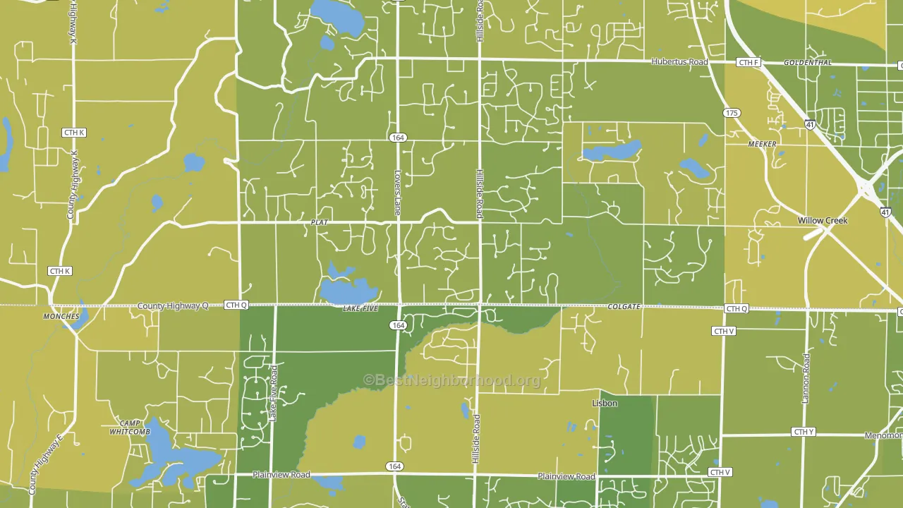 Map of the best neighborhoods in the Colgate area, with better matches in green and worse matches in red