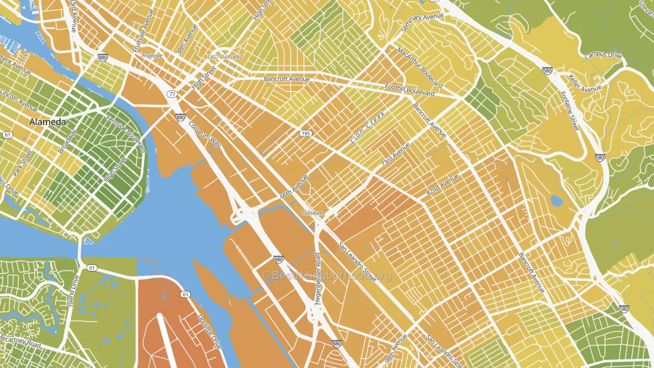 Map of the best neighborhoods in the Coliseum, Oakland area, with better matches in green and worse matches in red