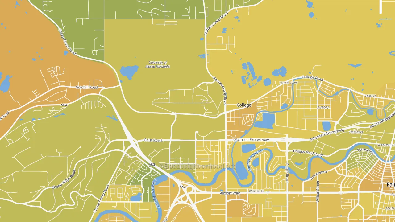 Map of the best neighborhoods in the College area, with better matches in green and worse matches in red