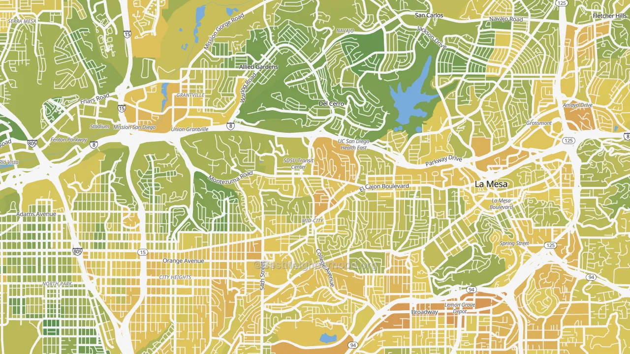 Map of the best neighborhoods in the College Area, San Diego area, with better matches in green and worse matches in red