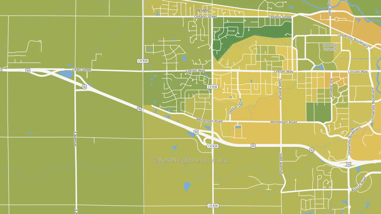 Map of the best neighborhoods in the College Creek, Ames area, with better matches in green and worse matches in red