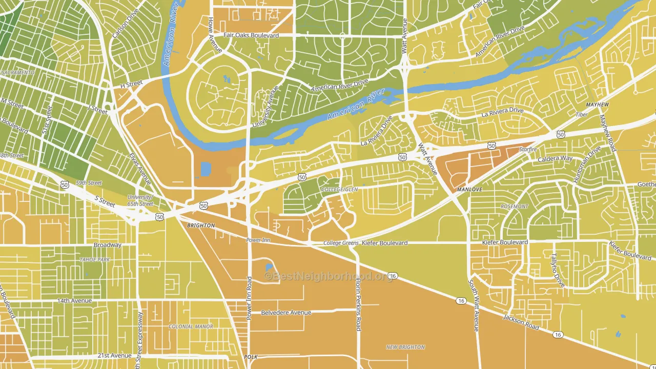 Map of the best neighborhoods in the College Glen, Sacramento area, with better matches in green and worse matches in red