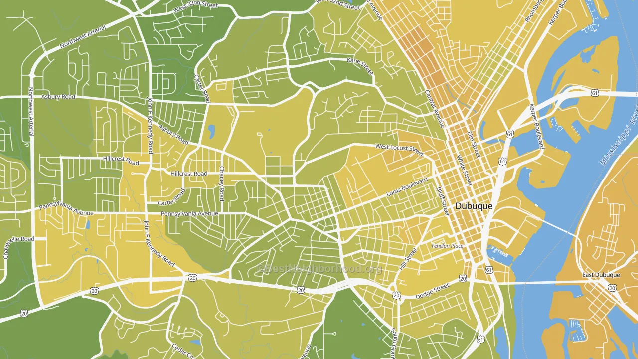 Map of the best neighborhoods in the College Grandview District, Dubuque area, with better matches in green and worse matches in red