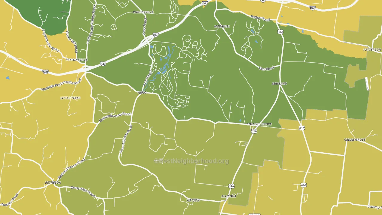 Map of the best neighborhoods in the College Grove area, with better matches in green and worse matches in red