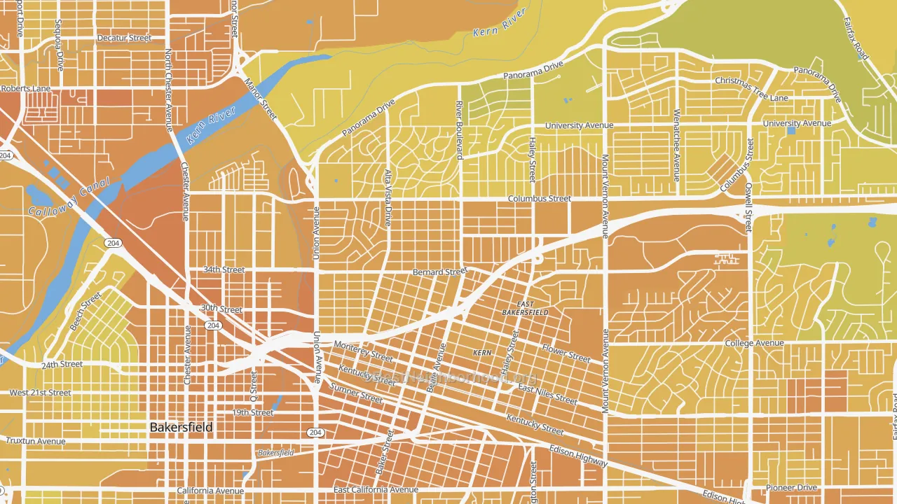 Map of the best neighborhoods in the College Heights Baker Street, Bakersfield area, with better matches in green and worse matches in red