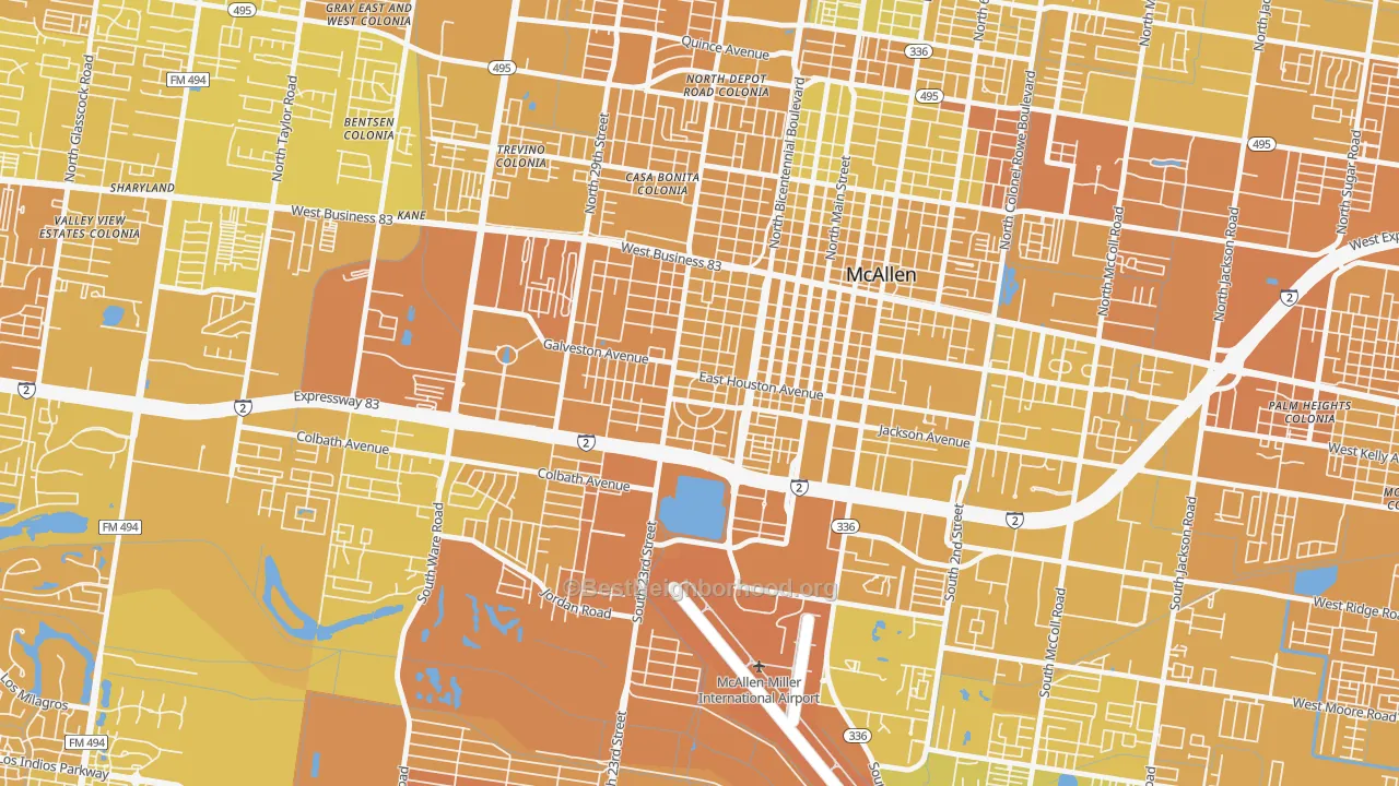 Map of the best neighborhoods in the College Heights, McAllen area, with better matches in green and worse matches in red