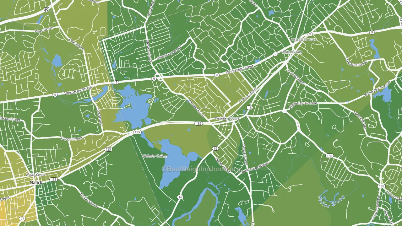 Map of the best neighborhoods in the College Heights, Wellesley area, with better matches in green and worse matches in red