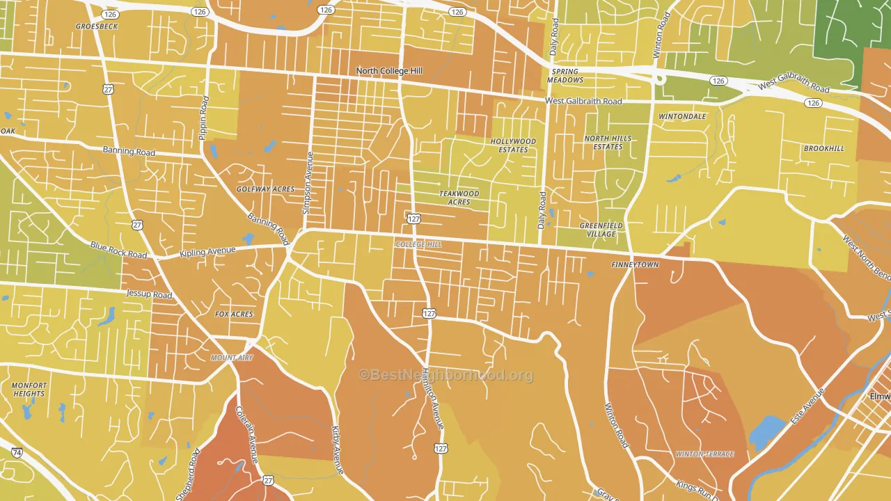Map of the best neighborhoods in the College Hill, Cincinnati area, with better matches in green and worse matches in red