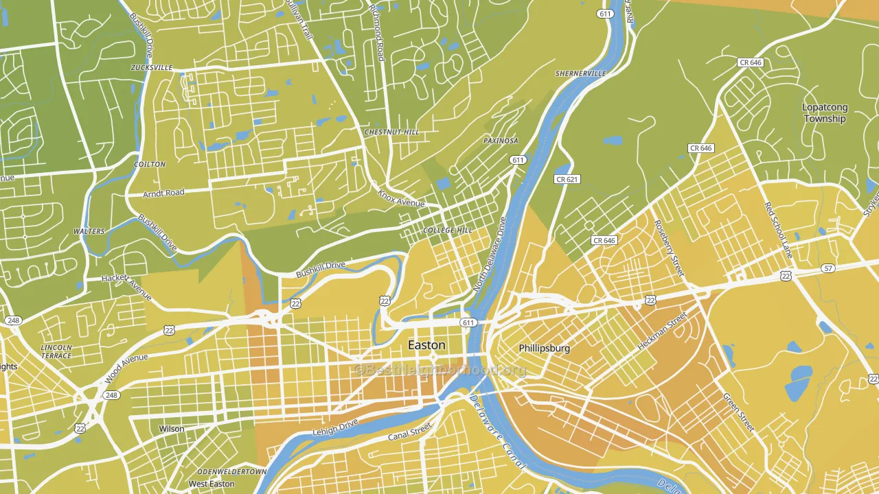 Map of the best neighborhoods in the College Hill, Easton area, with better matches in green and worse matches in red