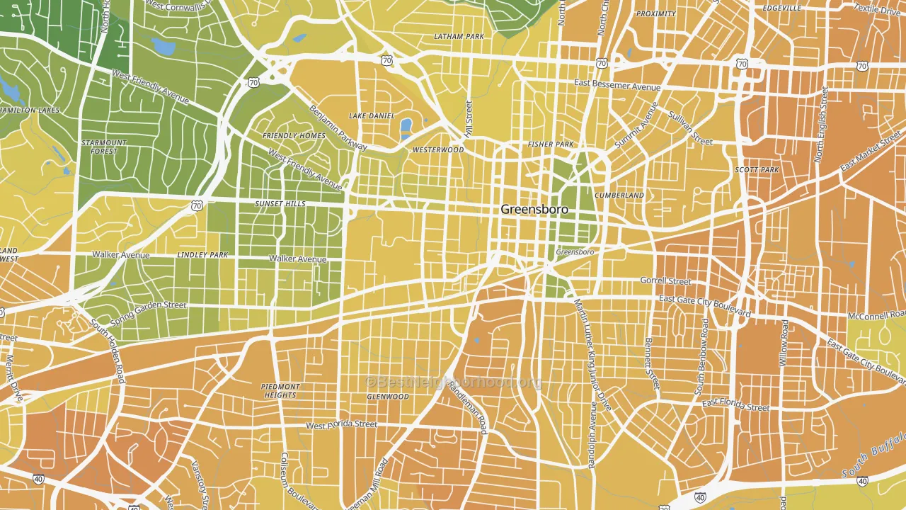 Map of the best neighborhoods in the College Hill, Greensboro area, with better matches in green and worse matches in red