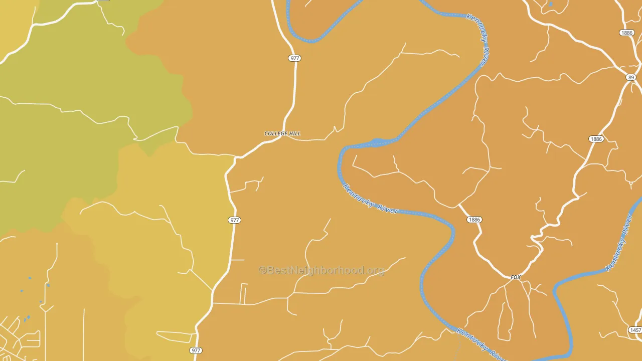 Map of the best neighborhoods in the College Hill area, with better matches in green and worse matches in red