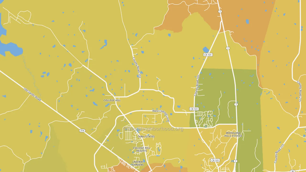 Map of the best neighborhoods in the College Hill area, with better matches in green and worse matches in red