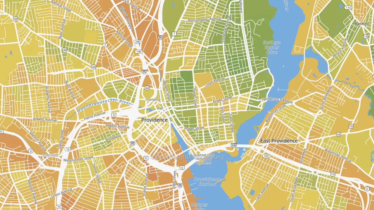Map of the best neighborhoods in the College Hill, Providence area, with better matches in green and worse matches in red