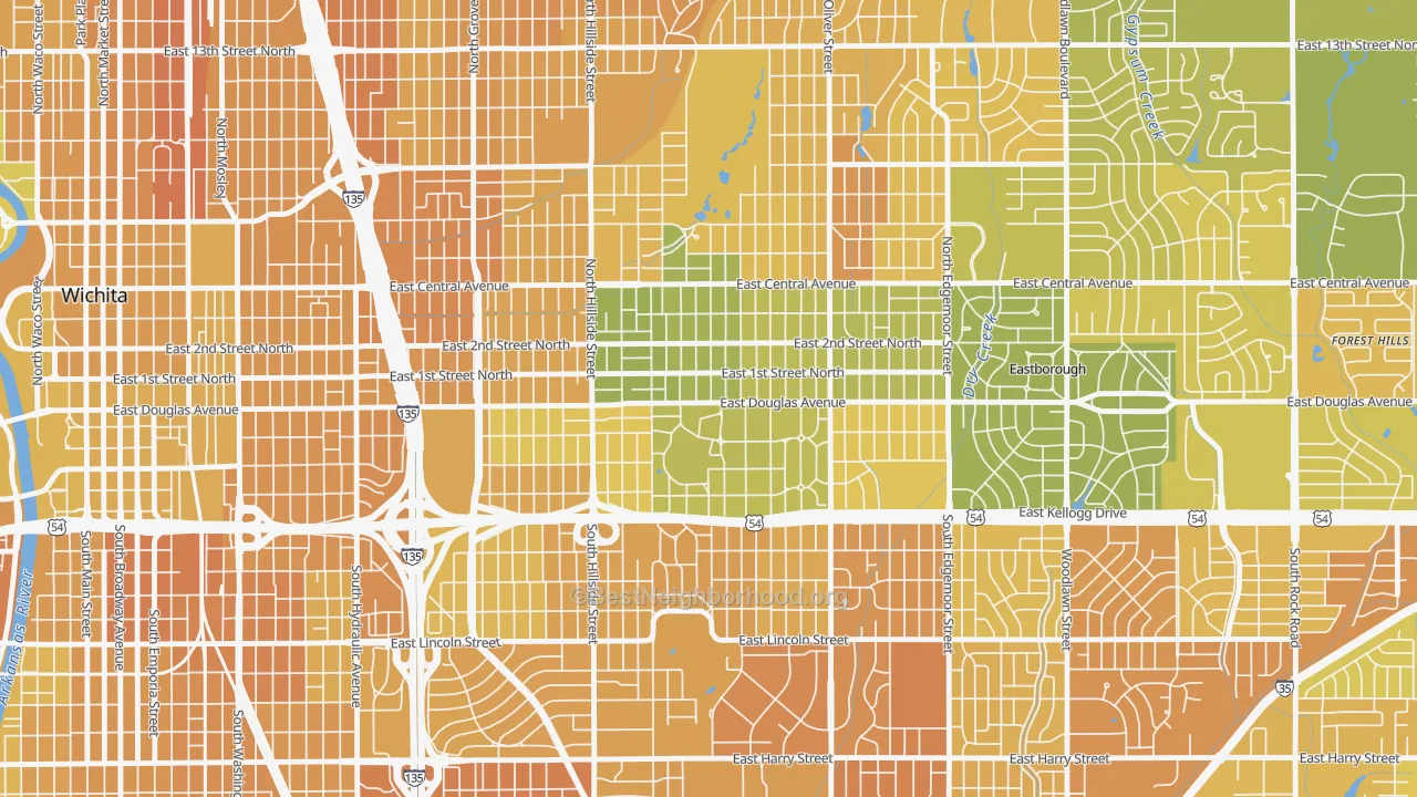Map of the best neighborhoods in the College Hill, Wichita area, with better matches in green and worse matches in red