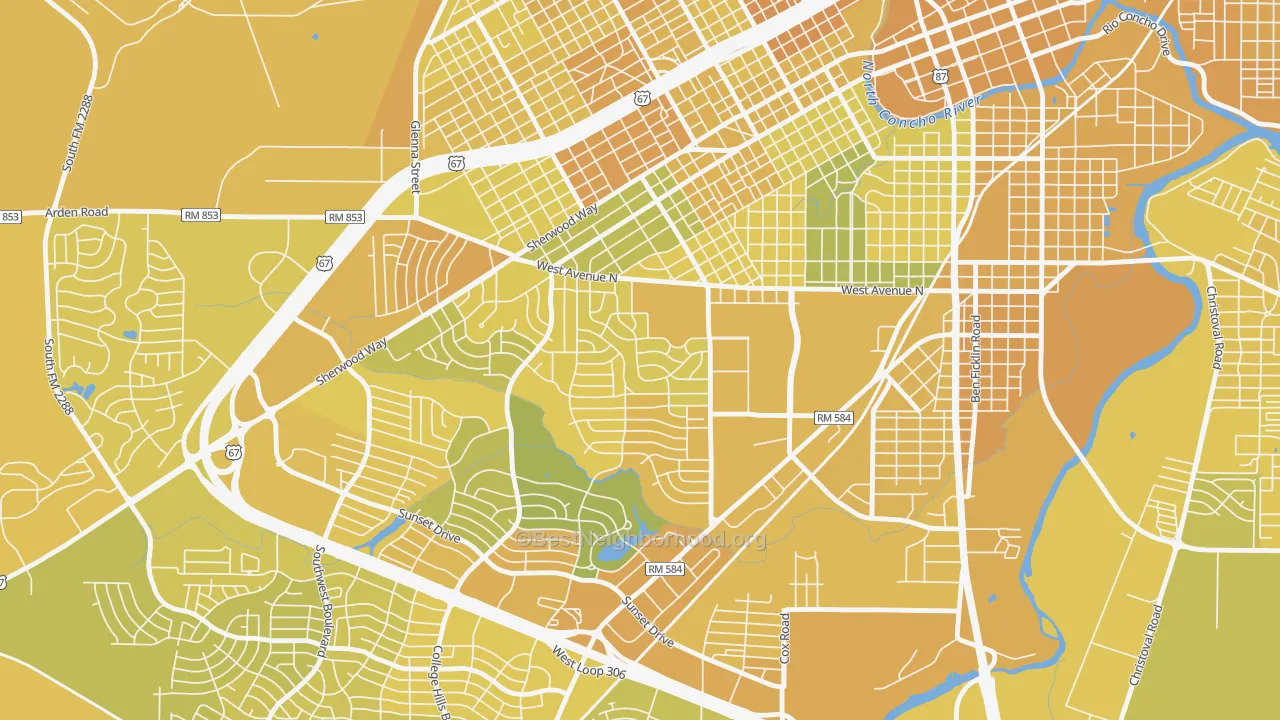 Map of the best neighborhoods in the College Hills, San Angelo area, with better matches in green and worse matches in red