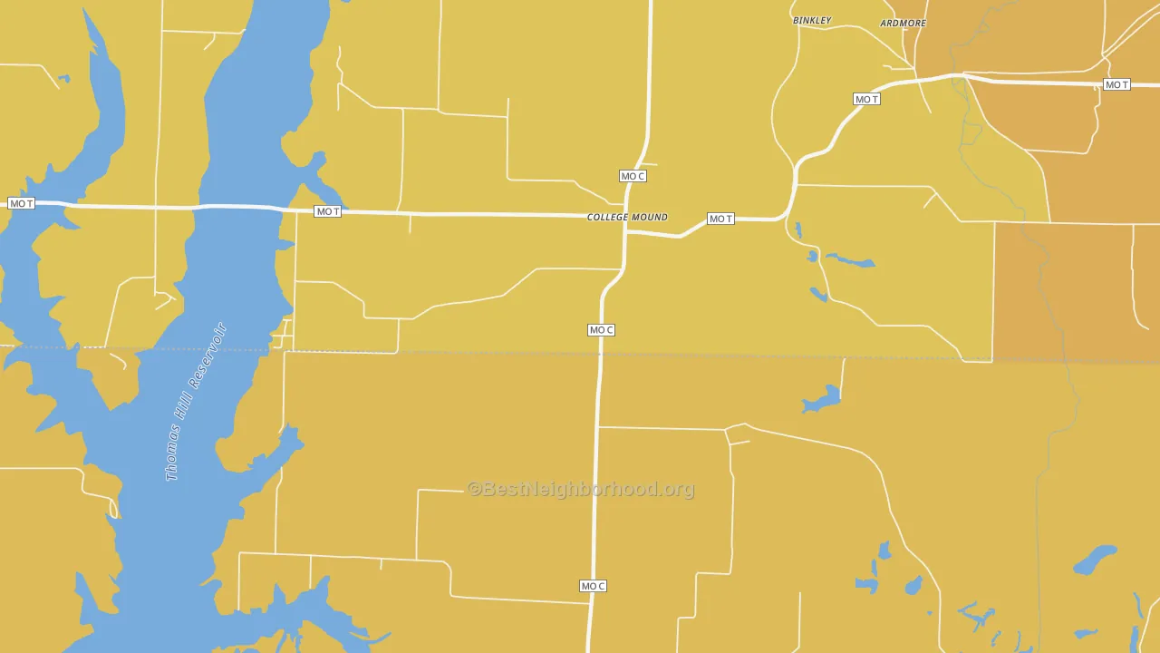 Map of the best neighborhoods in the College Mound area, with better matches in green and worse matches in red