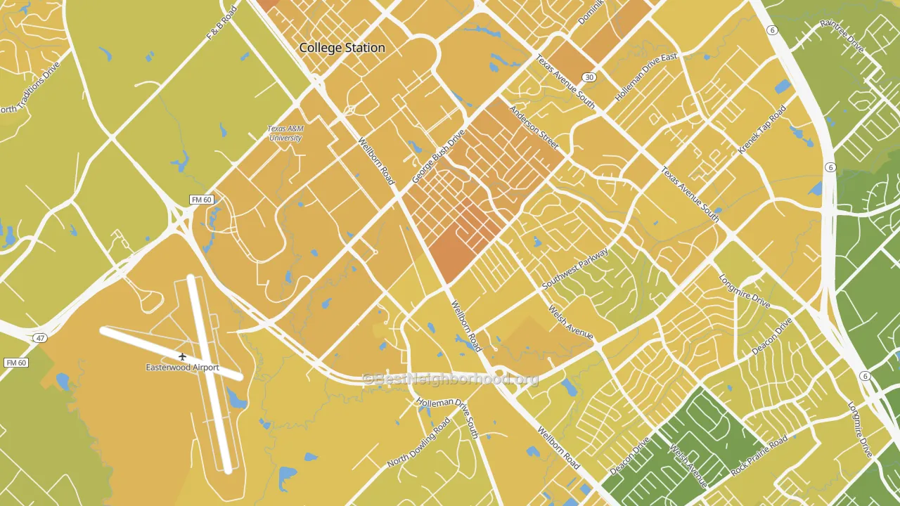 Map of the best neighborhoods in the College Park, College Station area, with better matches in green and worse matches in red