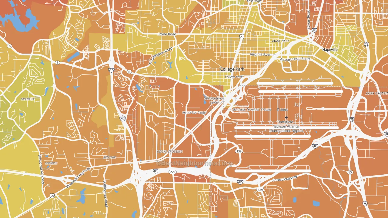 Map of the best neighborhoods in the College Park area, with better matches in green and worse matches in red