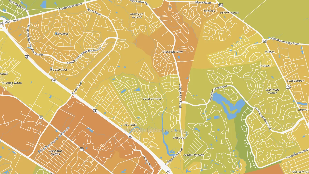 Map of the best neighborhoods in the College Park, Ladson area, with better matches in green and worse matches in red