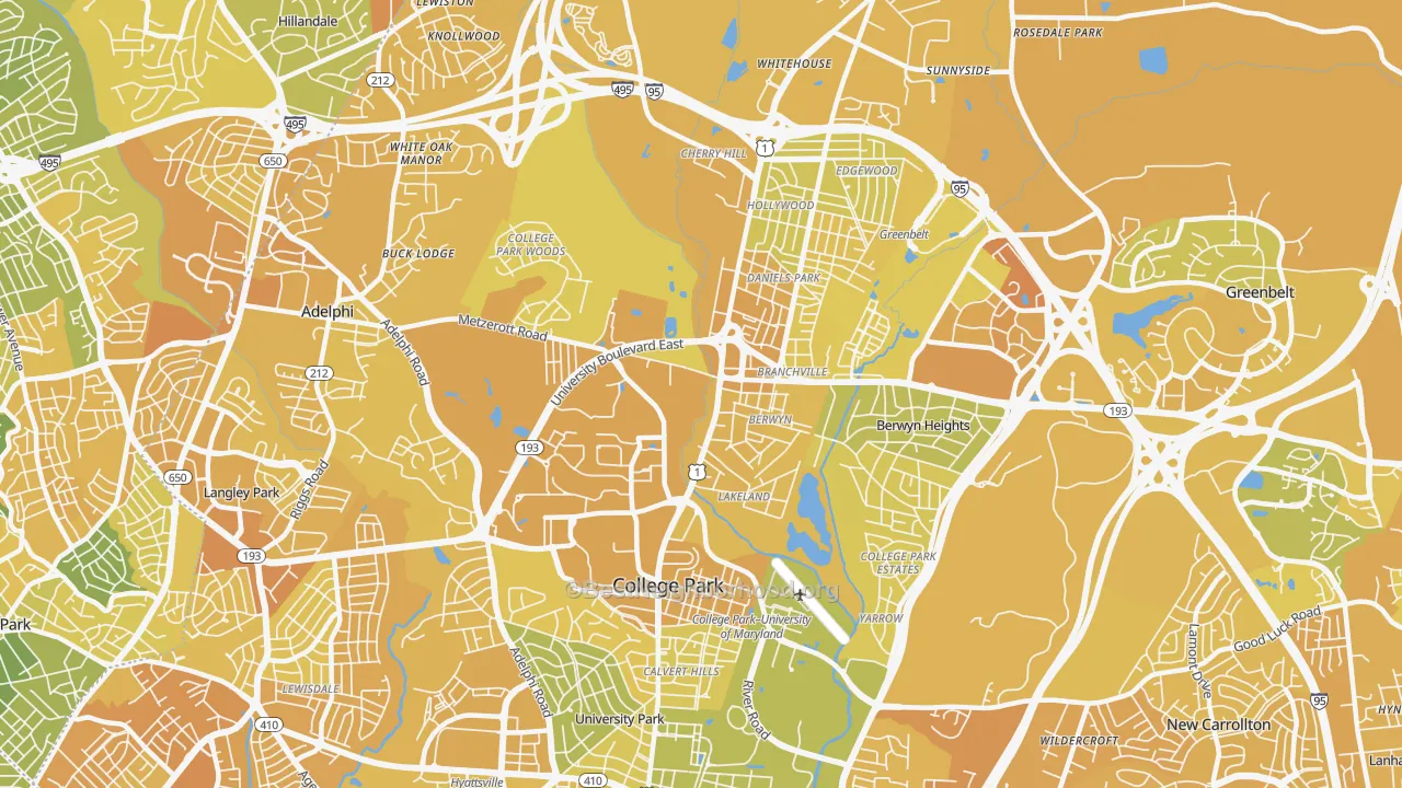 Map of the best neighborhoods in the College Park area, with better matches in green and worse matches in red