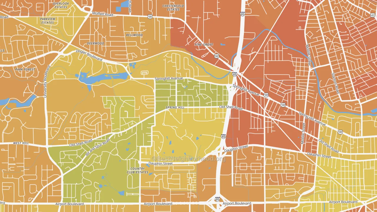 Map of the best neighborhoods in the College Park, Mobile area, with better matches in green and worse matches in red