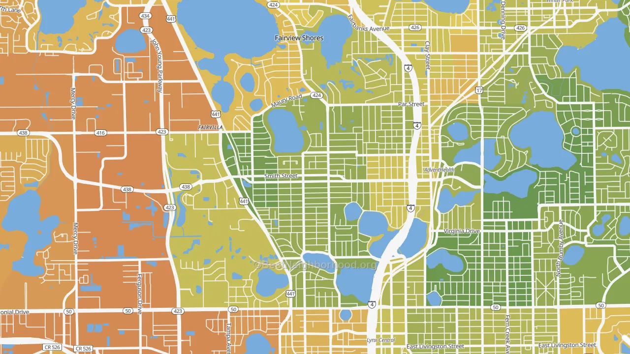 Map of the best neighborhoods in the College Park, Orlando area, with better matches in green and worse matches in red