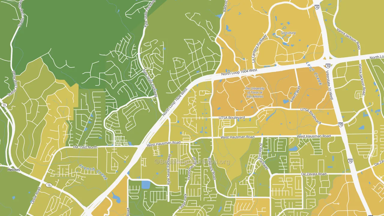 Map of the best neighborhoods in the College Park San Antonio, San Antonio area, with better matches in green and worse matches in red