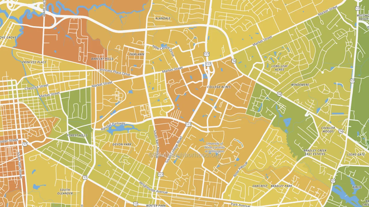 Map of the best neighborhoods in the College Park, Wilmington area, with better matches in green and worse matches in red