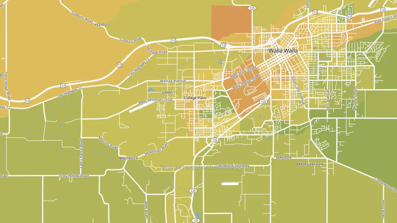 Map of the best neighborhoods in the College Place area, with better matches in green and worse matches in red