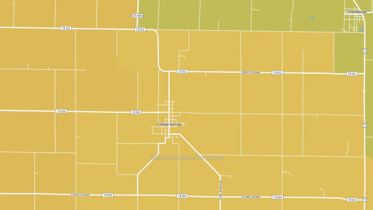 Map of the best neighborhoods in the College Springs area, with better matches in green and worse matches in red