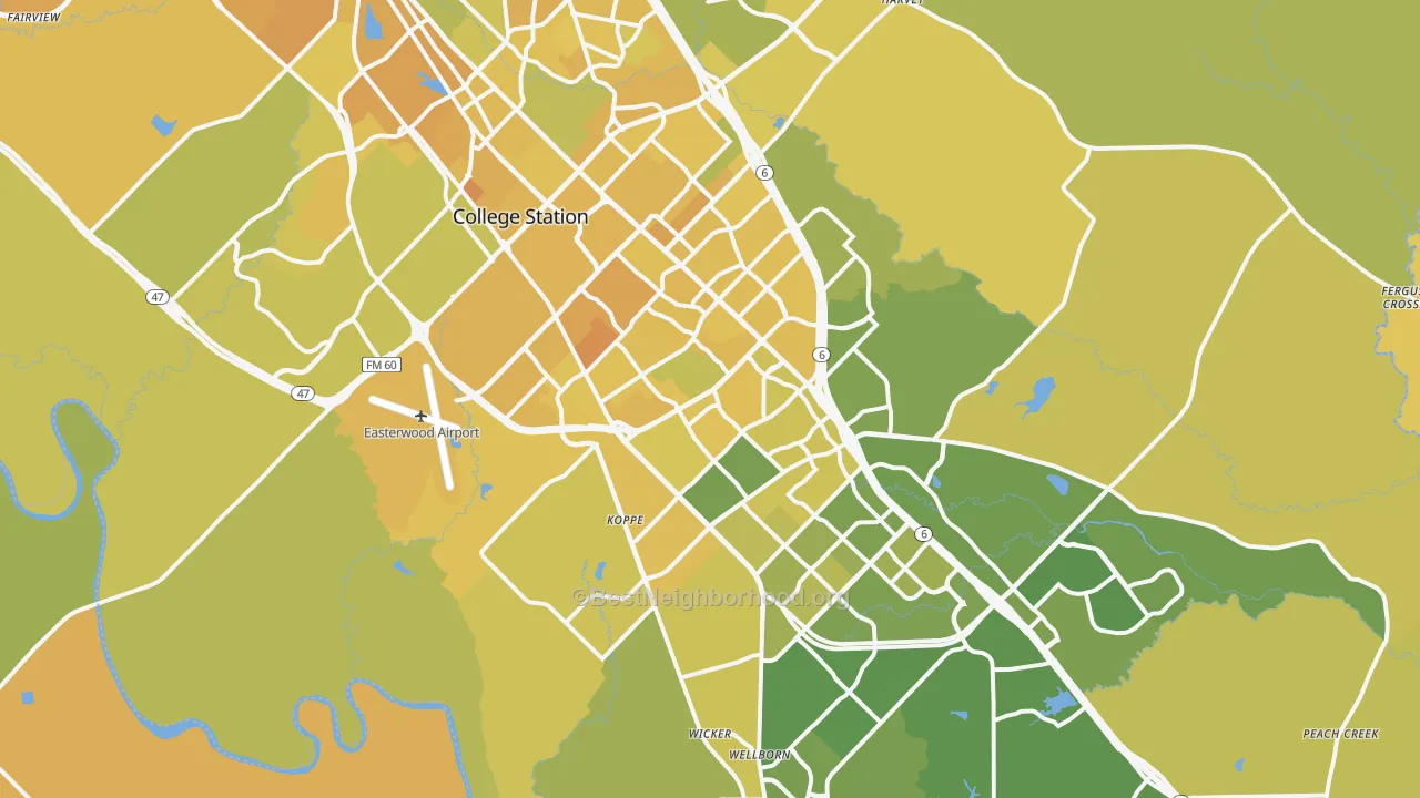 Map of the best neighborhoods in the College Station Metro area, with better matches in green and worse matches in red