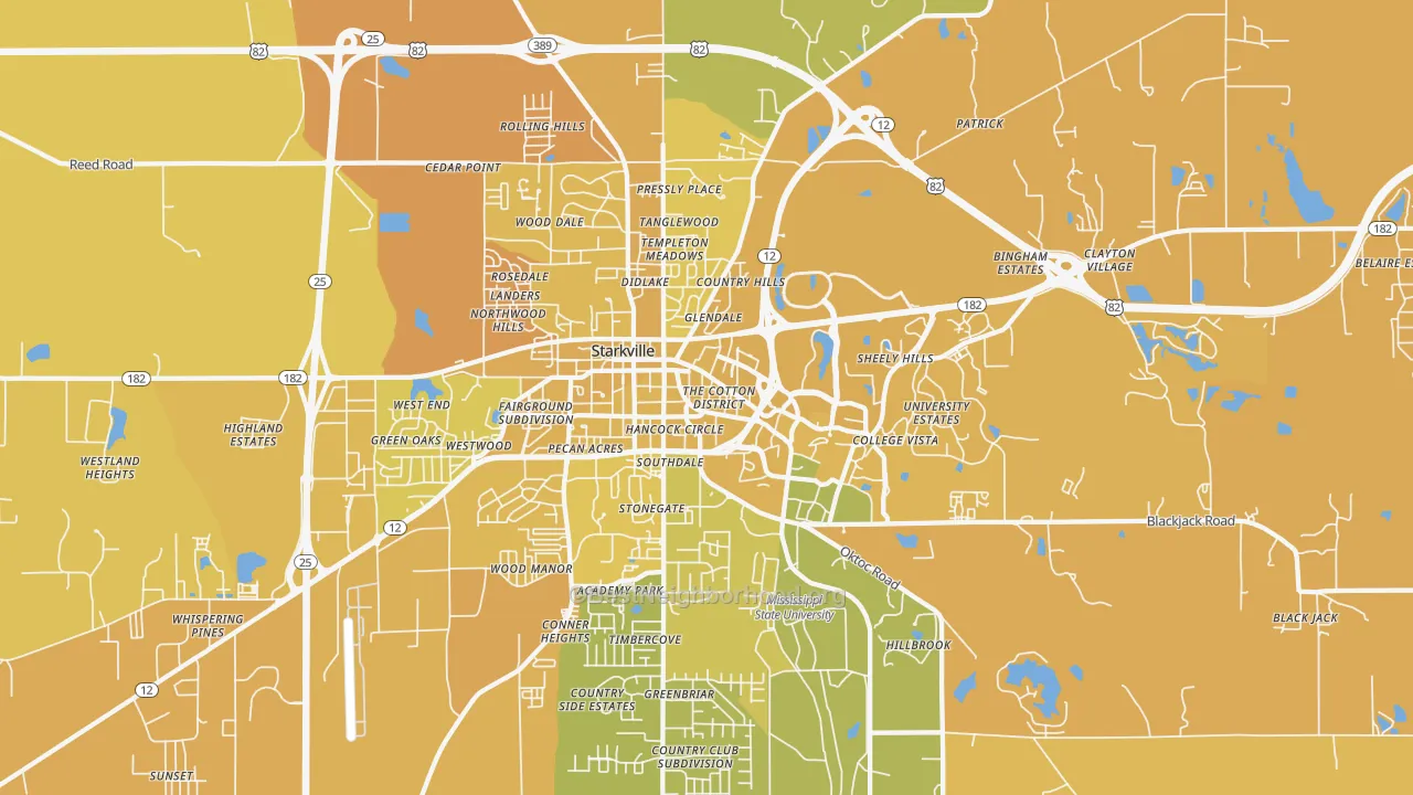 Map of the best neighborhoods in the College View, Starkville area, with better matches in green and worse matches in red